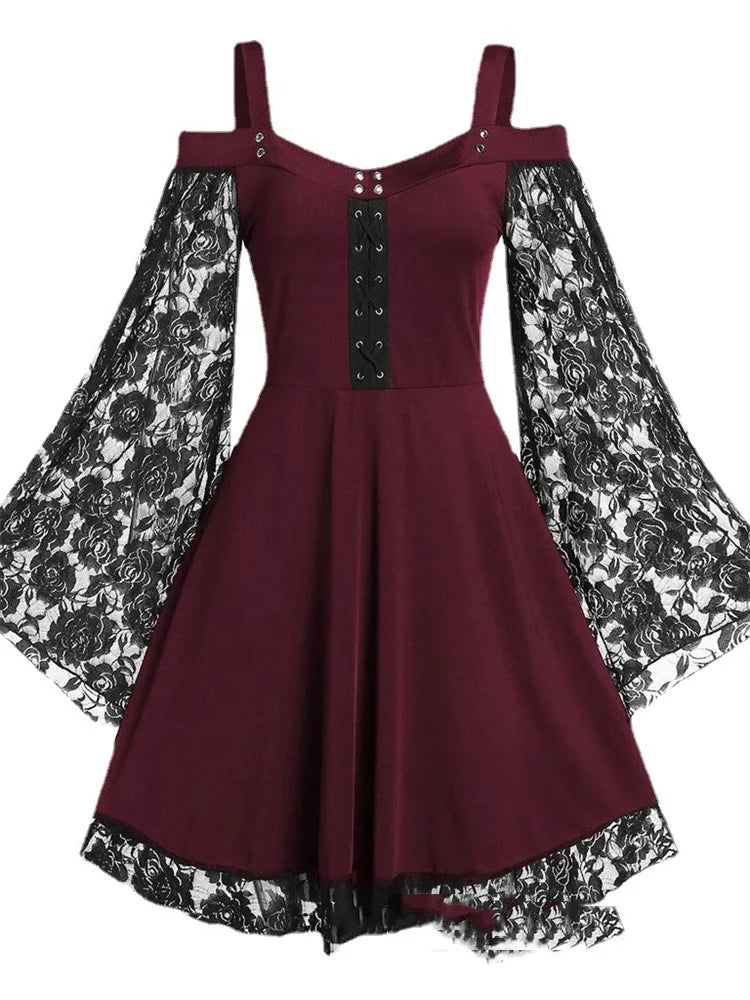 One-shoulder Lace Stitching Flared Sleeve Dress Literary Vintage Autumn Grunge Black A-line Dress Punk Partywear