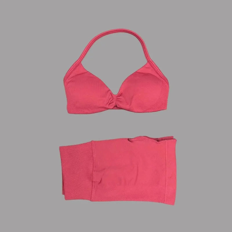 2 Piece Gym Sets Woman Sports Strappy Bra Seamless Set Quick Dry Fitness Squat Proof Shorts Sportswear Running Workout Suit