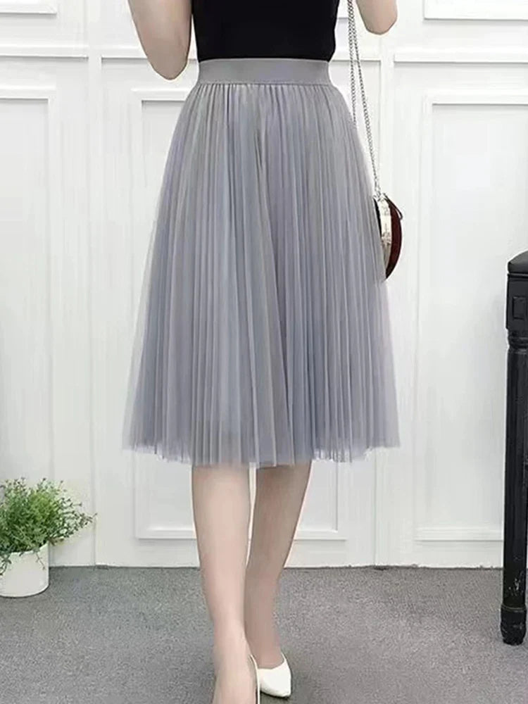 Elegant Women Tulle Skirt Korean Fashion Mesh White A Line Ladies Pleated Skirt Summer Chic High Waist Black Party Faldas