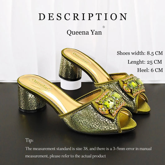 Newest Italian Design Fashion Comfortable Olive Color Peep Toe Party Wedding or Work Women's High Heels with Diamond Oval Bag