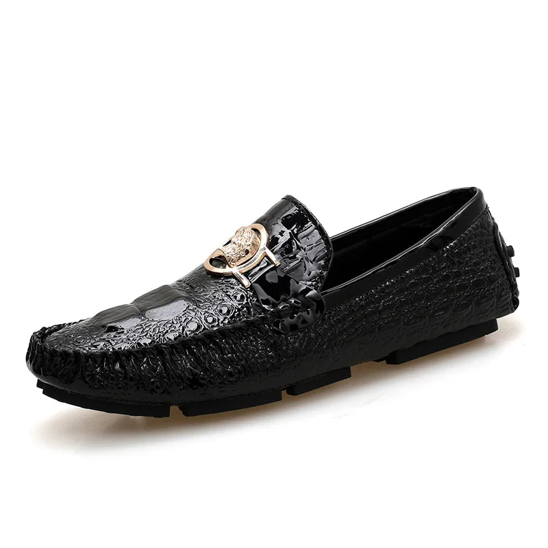 Slip-On Men's Shoes Crocodile Pattern 2025 Spring and Summer Fashion British Trendy Bright Leather Shiny Lazy Casual Beanie Shoes Handmade