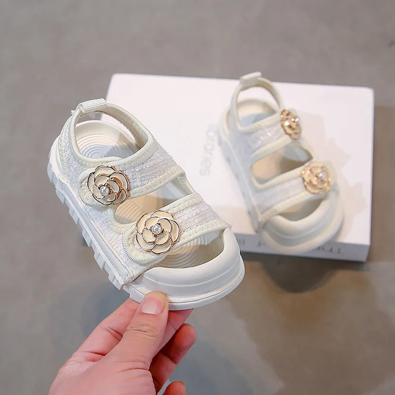 Rose Sweet Style Sandals Summer Solid Color Girls Baby Sandals Open Toe Small PU Slipper Shoes Size 21-35