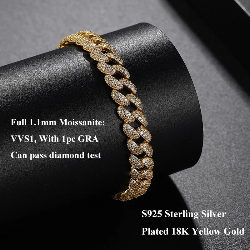 Full 1.1mm D Color Moissanite Cuban Bracelet For Man Women 925 Silver Pass Diamond Test 9.3mm Wide Link Chain Bracelets