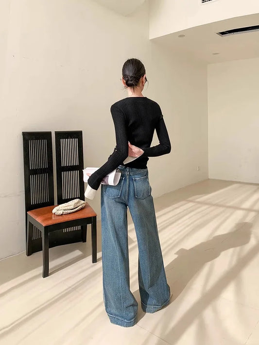 Blue Washed Casual Jeans Women'S New Straight Leg Loose Wide Leg Pants