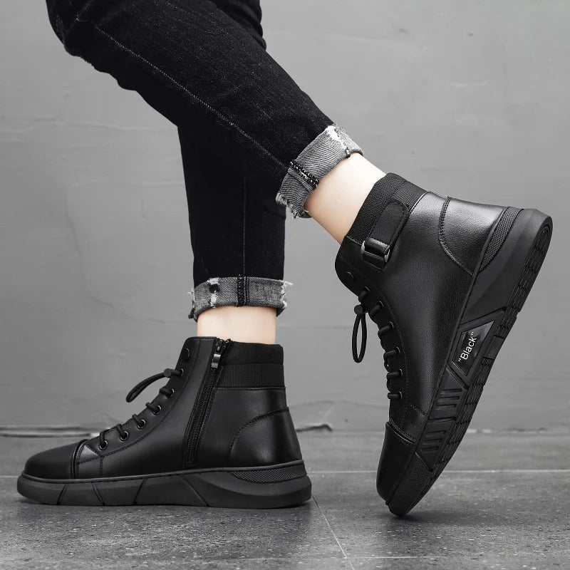 Black Leather Men Ankle Boots Winter Outdoor Casual Shoes No-slip High Top Male Work Shoes High Quanlity Light Man Chelsea Boots