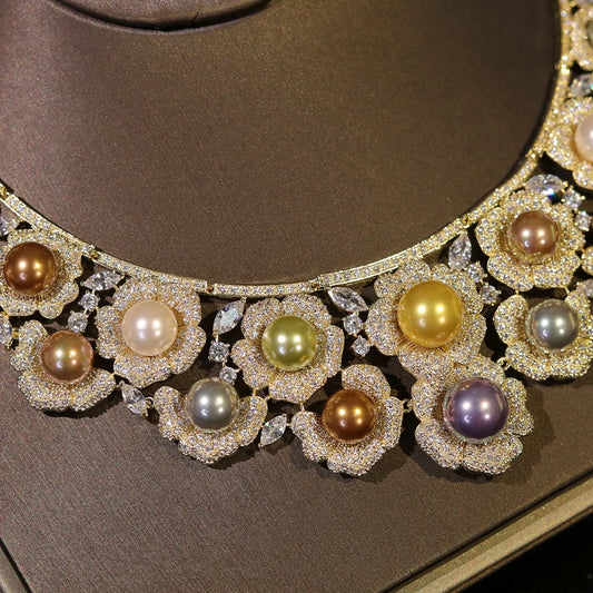 High Quality Zircon Pearls Jewelry sets Luxury Designer Flower Necklace Women Sparkling Dubai Bridal Party Costume Accessories