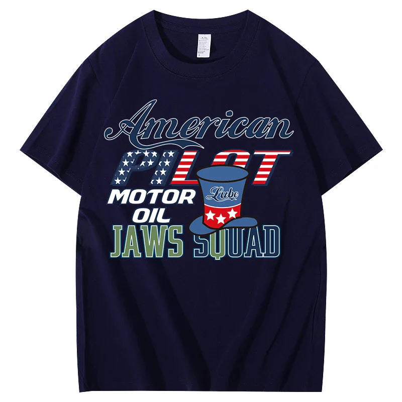 Unisex American Pilot Motor Oil Graphic T-Shirt USA Flag Print Casual Streetwear Short Sleeve Tee Tee for Men Women