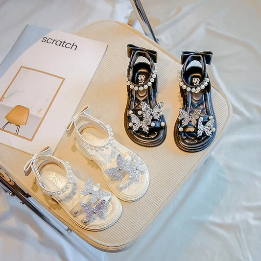 Kids Roman Sandals 2024 New Girls' Princess Shoes with Butterfly Girl Fashion Sweet Pearl Beach Shoes with Back Knot Anti Slip