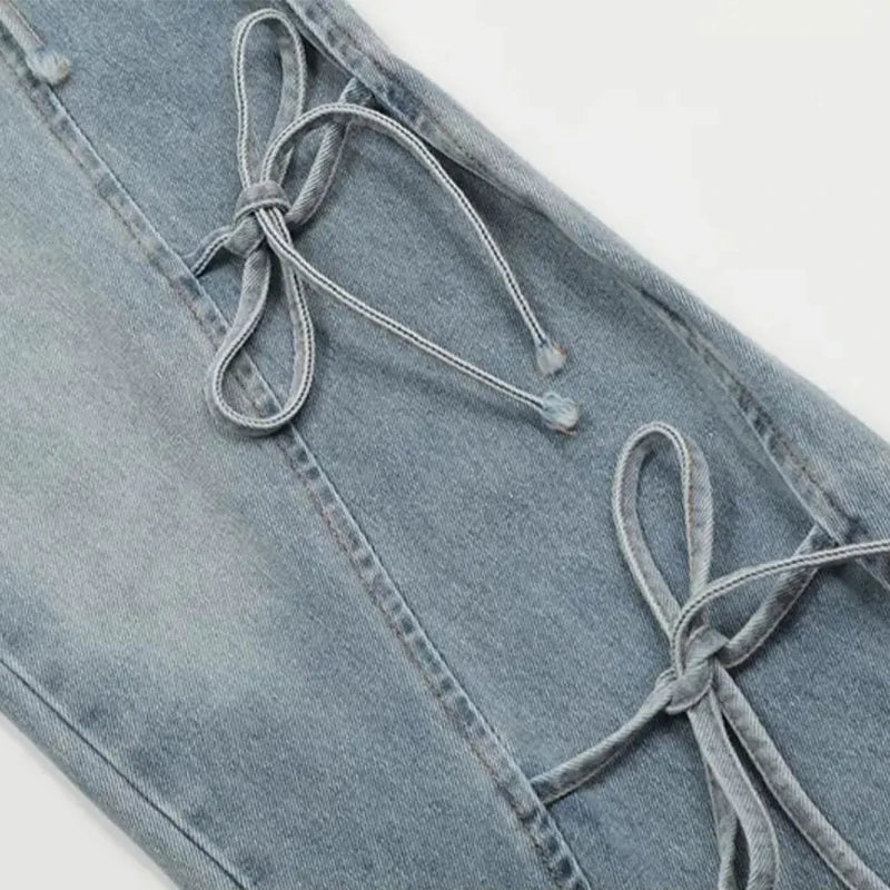 Women Vintage Streetwear Bow Bandage Wide Leg Denim Pants