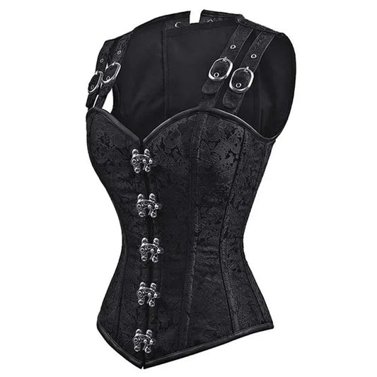 Women Corset with Shoulder Straps Overbust Bustier Plus Size Floral Jacquard Gothic Corset Top Steampunk Corset Vest