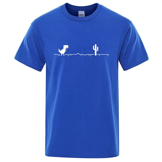 Camiseta Masculina de Alta Qualidade 100% Algodão com Estampa Divertida de Dinossauro Gola Careca Solta Verão Fresca Masculina Manga Curta Camiseta Masculina Top