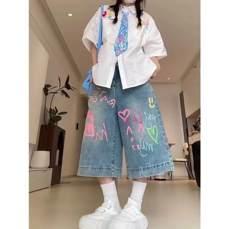 Casual Knee-Length Jeans with Colorful Drawing Fashion Shorts Pants