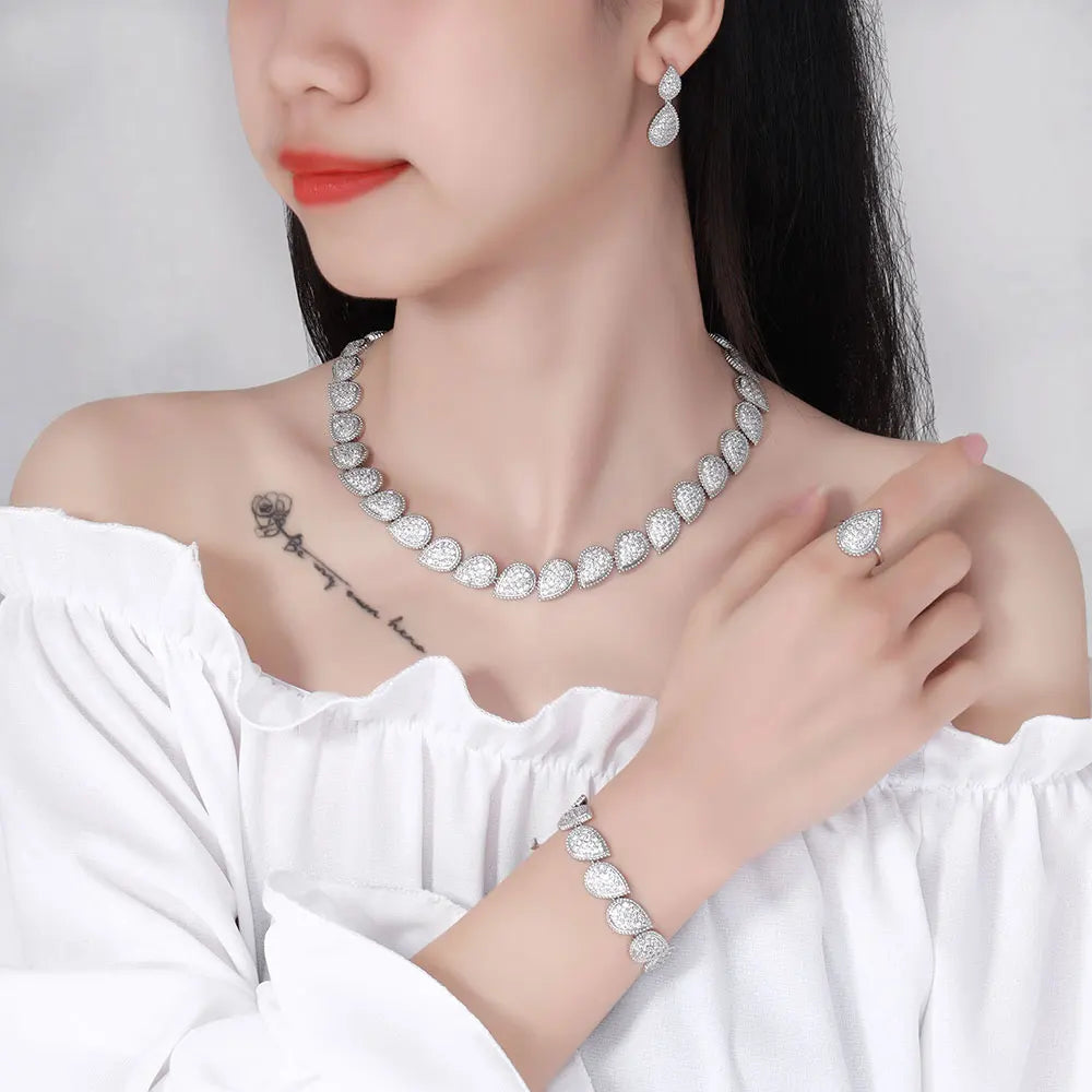 Conjunto de joias de casamento com 4 peças de zircônia cúbica, brincos, colar, pulseira e anel para festas femininas