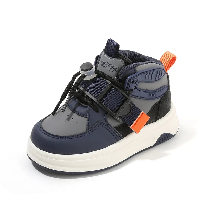 Comfy Kids Boys and Girls Navy Blue and Gray Color-Blocked High-Top Sneakers, Breathable Mesh Surface with Rotating Buckle and Velcro, Wear-Resistant, Grip-Enhancing, Lightweight Children's Shoes, Suitable for Spring and Autu