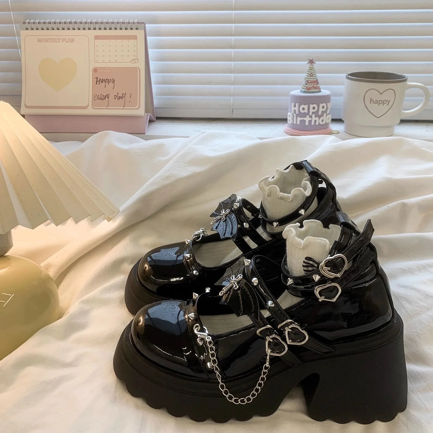 Punk k JK orm Mary Janes High Heels Thi Bot Small Leather oes Women's Lolita Faion Single oes Korean Sle