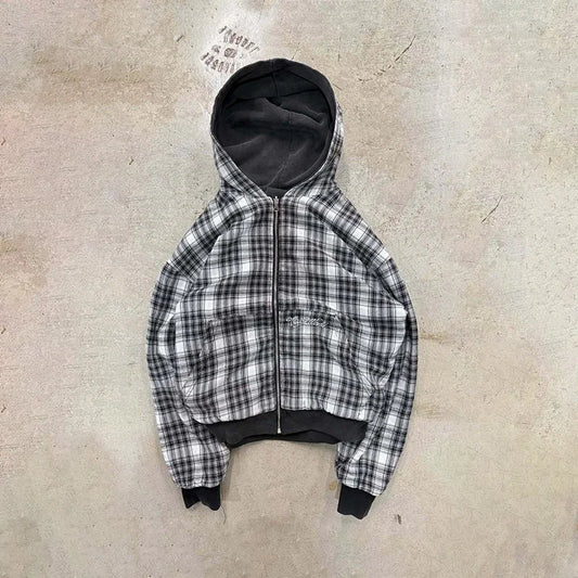 American Retro Reversible Plaid Zipper Hoodie Sweatshirt Mens Womens Casual Plaid Sweatshirt Solid Color Lining Y2K Street Style