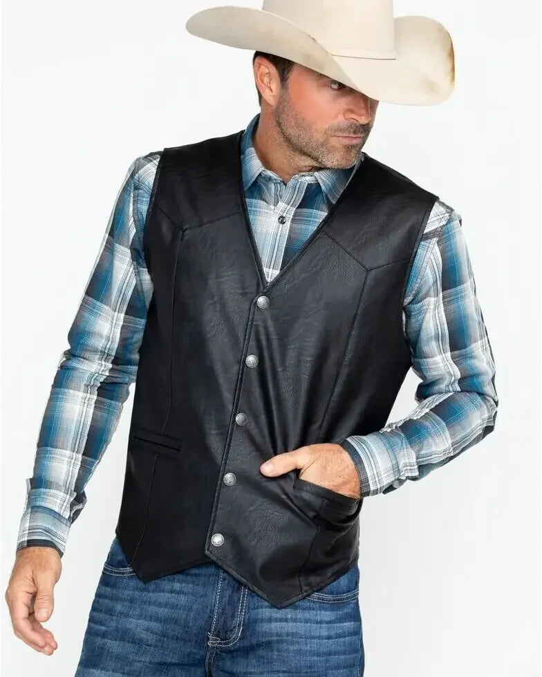 Men Soft 100% Leather Vest Snap Western Mens Gift Holiday Attire Informal Biker