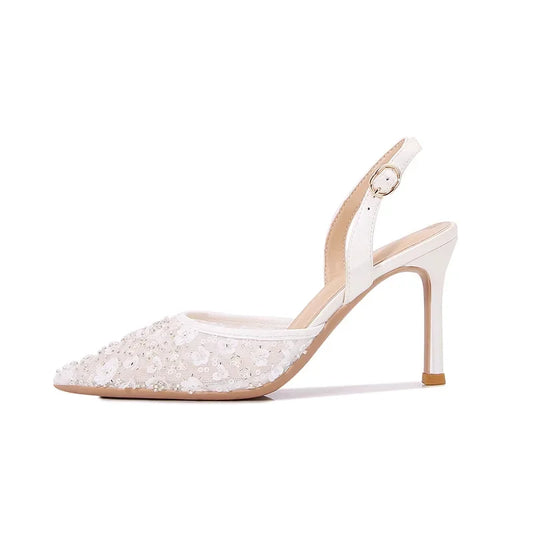 Size 34-42 2025 Summer Beaded High Heel Wedding Shoes Women Lace Mesh Party Dress Shoes