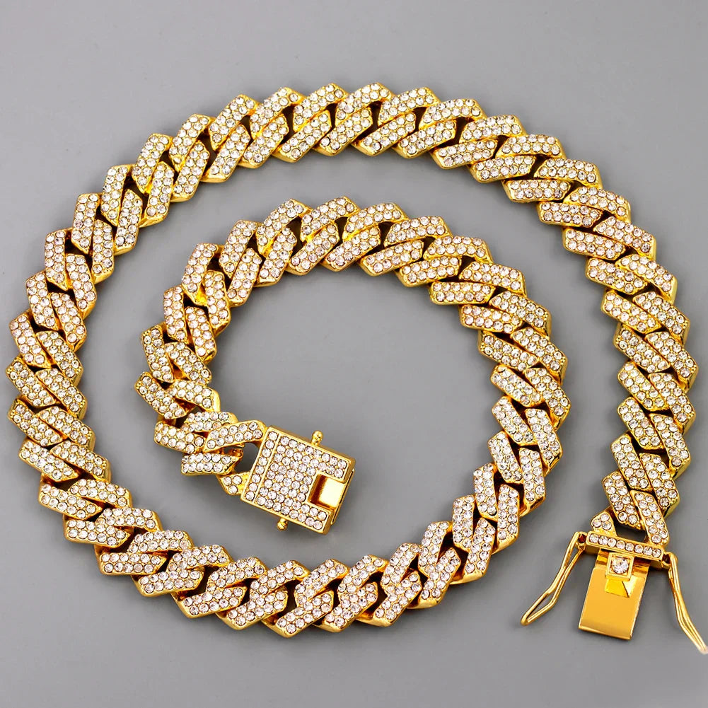 HipHop Men Women 14MM Prong Cuban Link Chain Necklace Bling Iced Out 2 Row Rhinestone Paved Miami Rhombus Cuban Necklace Jewelry