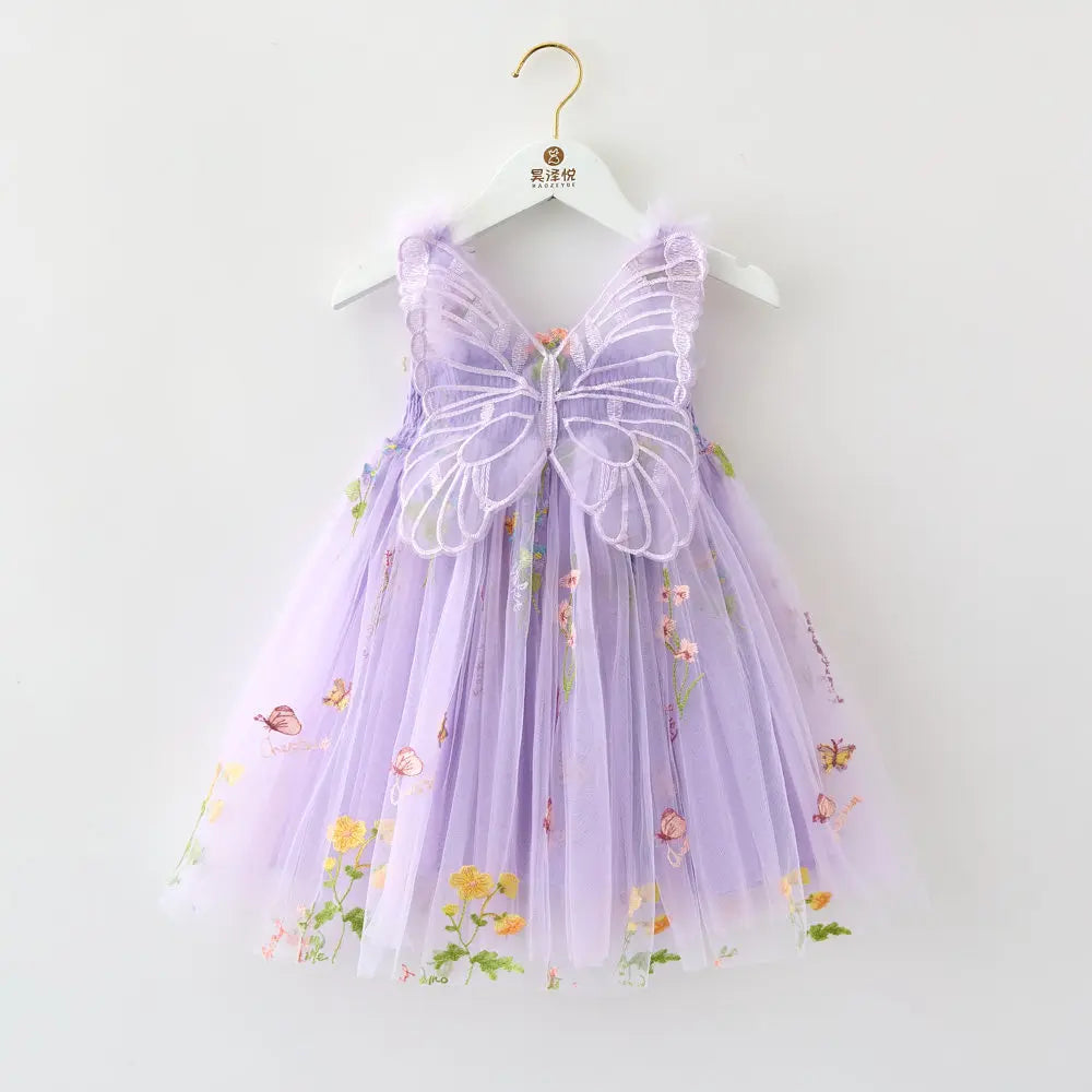Girls Princess Dress with 3D Wings - Sparkle Tulle Sleeveless Gown, Fairy Puffy Party Dress for Birthday & Holiday