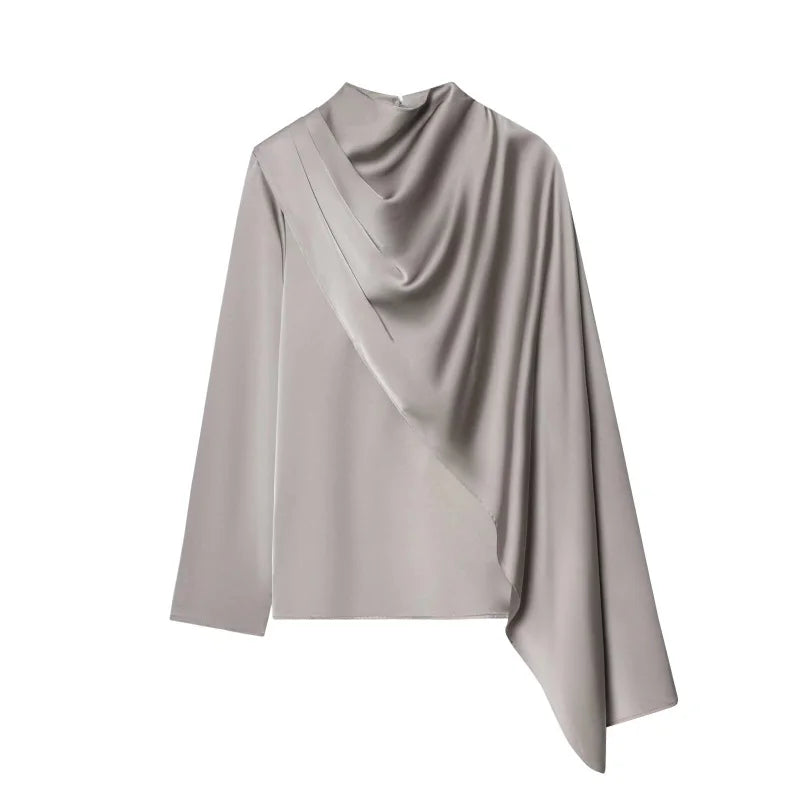 2026 Spring new women's elegant fashion shawl design satin drape top asymmetric wrinkled long-sleeved shirt