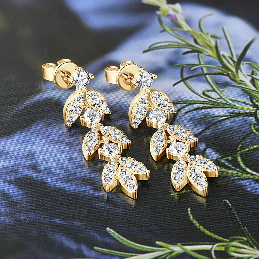 0.6cttw Long Tassel Moissanite Diamond Drop Earrings for Women 925 Sterling Silver Plated Gold Luxury Leaf Earrings Fine Jewelry