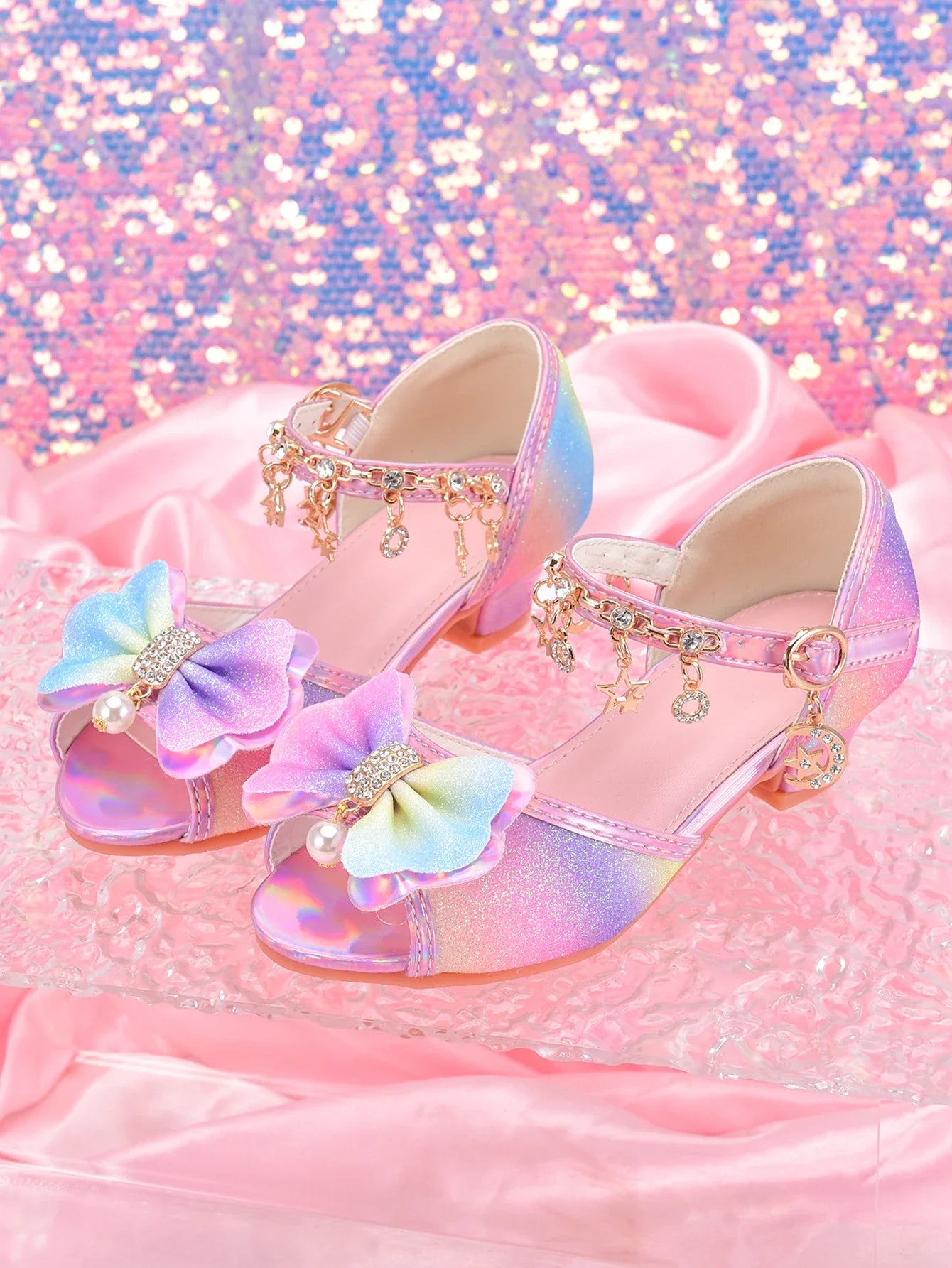 Girls' Fashion Rainbow Glitter High Heel Shoes, Children Dress Up Pageant Runway Performance Party Sandals