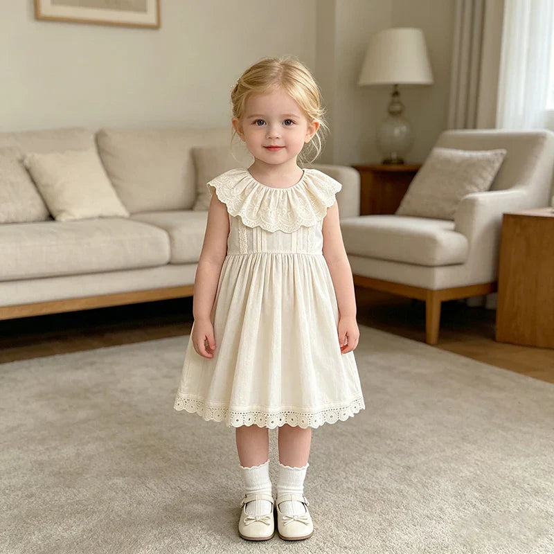2026 Girls Summer New 2-6Yrs Pure Cotton Sleeveless Lace Collar Baby Girl Dress Children Princess Birthday Sweet Dress