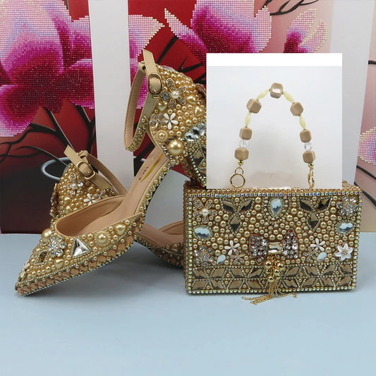 Luxury Champagne Golden Crystal wedding shoes matching bags woman fashion Thick heel Women party dress shoes Pointed Toe shoes