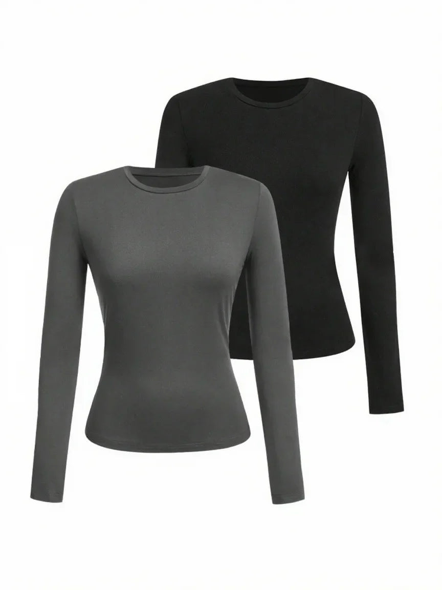 Women's solid-color long-sleeved T-shirt - Polyester knitted fabric, round neck, regular fit, fall-winter style