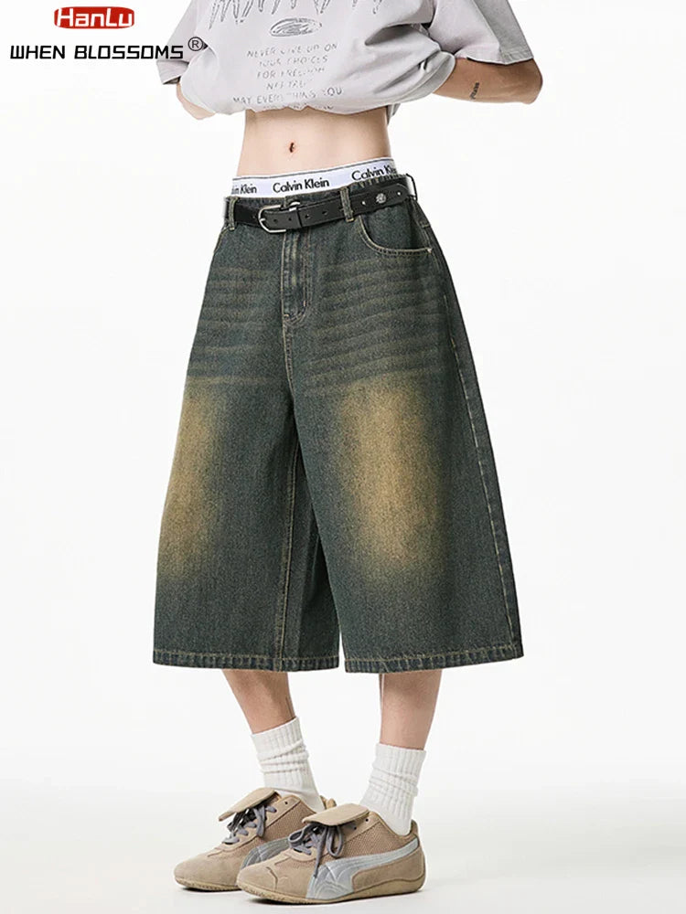 2025 Summer Men's Wide Leg Jeans Shorts Vintage Distressed Wash Y2K Straight Elastic Waist Loose Casual Relaxed Fit
