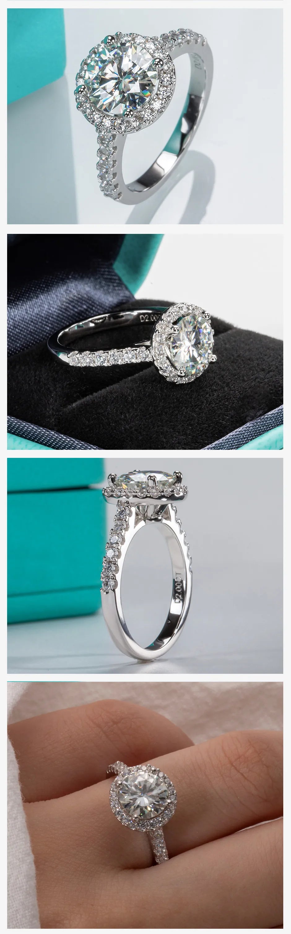 2 Carat D Color Moissanite Halo Engagement Ring For Women 925 Sterling Silver Wedding Rings Fine Jewelry Wholesale