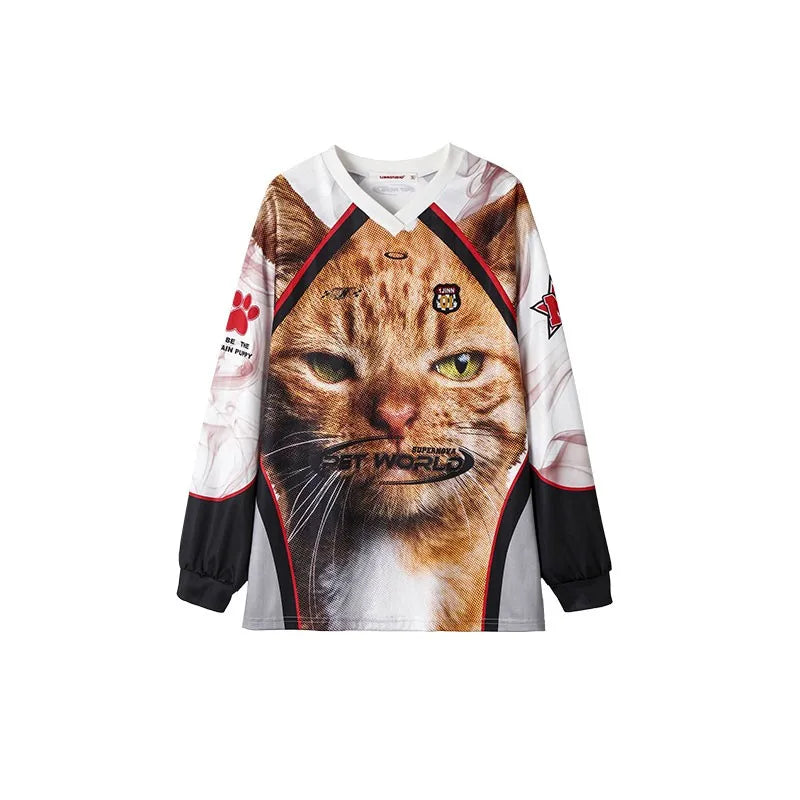 Japanese Y2k Kitten Print Jersey T-shirt Vintage Harajuku V-neck Long Sleeve Cat Tops American Retro Streetwear 2000s