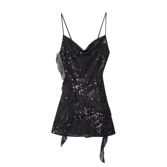 Sexy Chic Women Dress Solid Cami Backless Sequined Tierred Mini Short Dress Fashion 2025 Fall Evening Club Party Dress