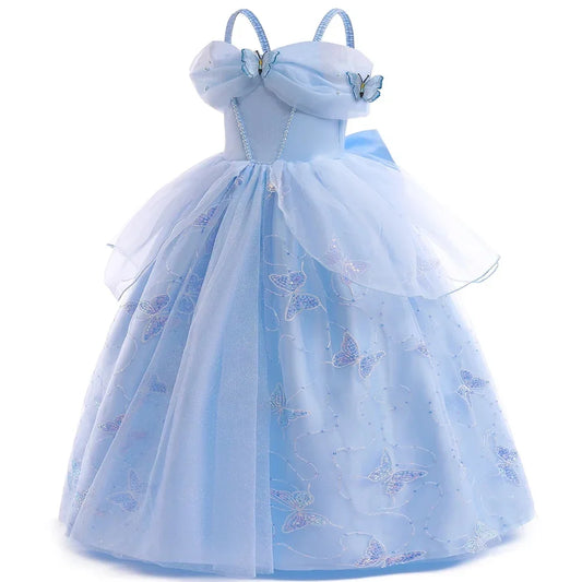 Fashion Embroidery Butterfly Princess Dress Girls Cinderella Cosplay Costumes Blue Gown for Carnival Birthday Evening Dress