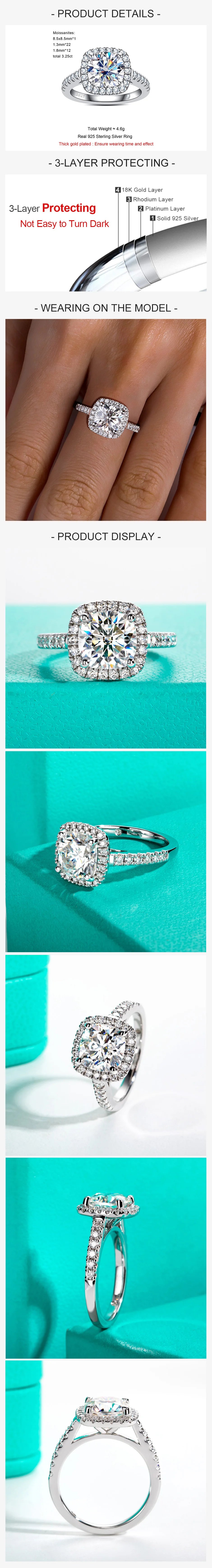 3ct Cushion Cut D Color Moissanite Halo Engagement Rings 18K Gold Plated Luxury Wedding Band Rings Jewelry Wholesale