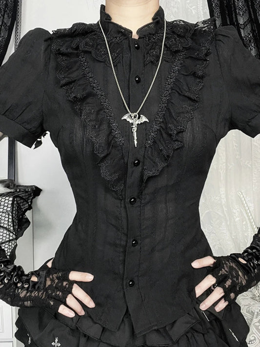 Cotton Shirts Women Vintage Gothic Black White Jacquard Short Sleeve Blouses Elegant Office Lady Y2k Tops