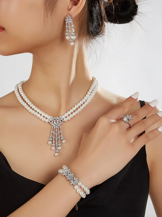 Trendy Pearl Tassel Necklace 4PCS Jewelry Set For Women Wedding Party Full Zircon Dubai Bridal Jewelry Set Gift