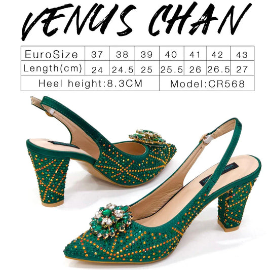 INS Style Green Party Shoe and Bag Set in Women Pointed-Toe Rhinestone High Heels Elegant African Ladies Shoes