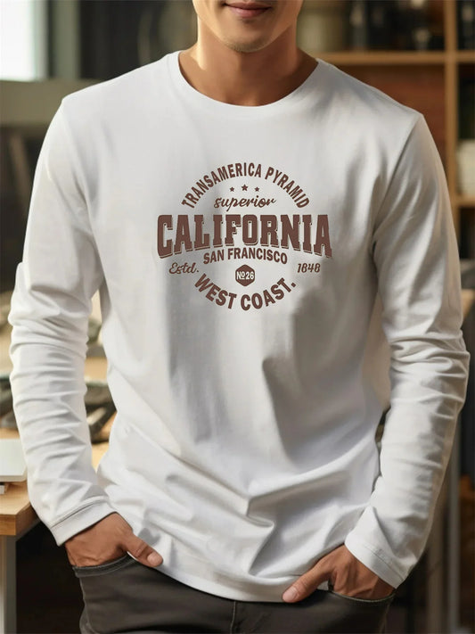 Men's 100% pure cotton loose fit comfortable sports and leisure California West Coast printed round neck long sleeved T-shirt