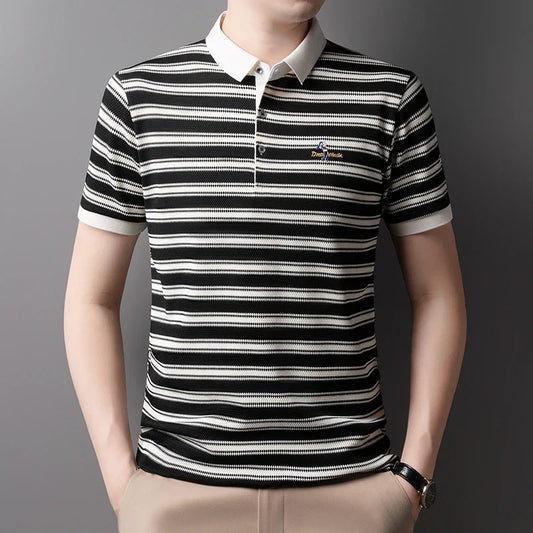 Classic striped men polo shirt summer cool breathable short sleeve fashion brand letter embroidery luxuriou casual lapel T-shirt