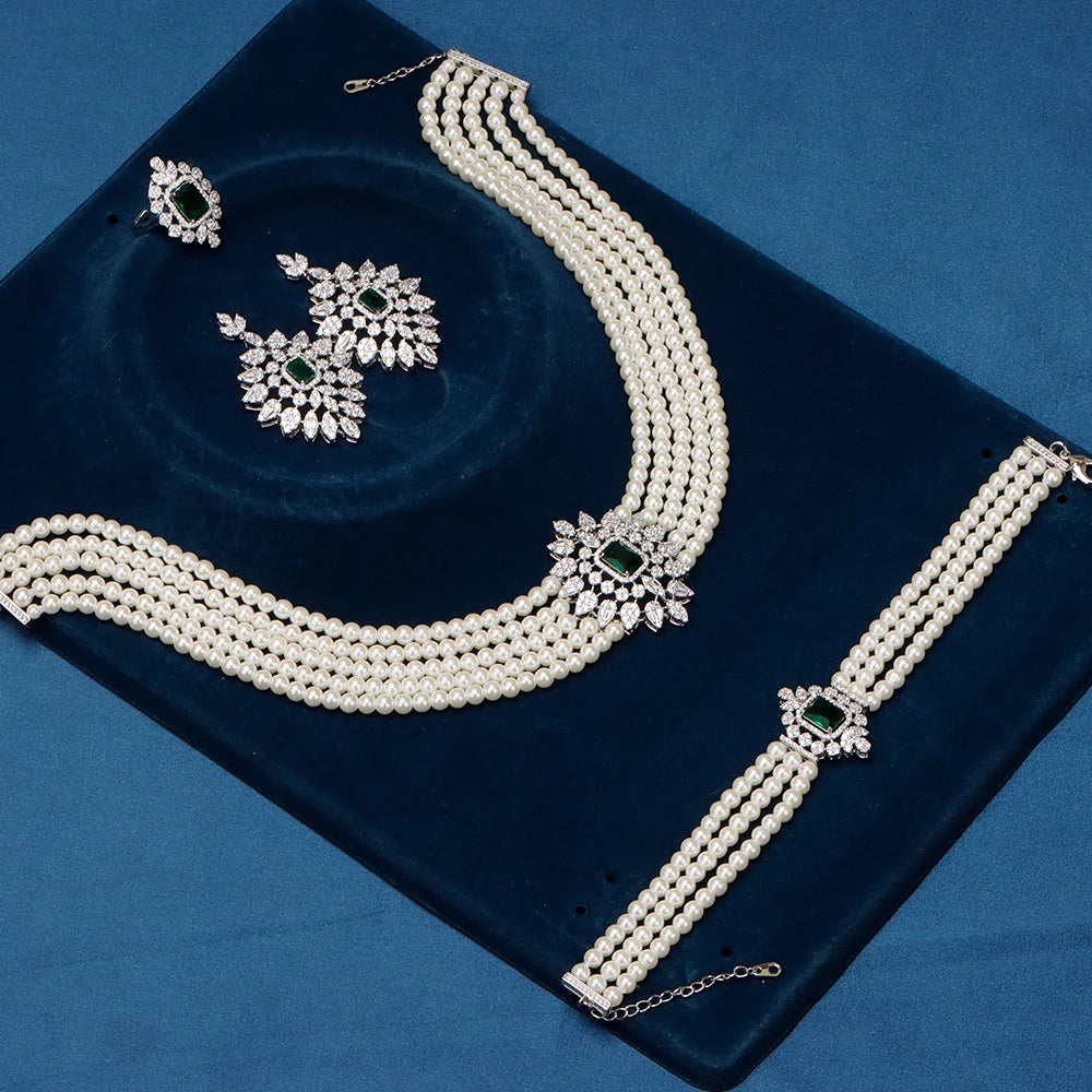 Gorgeous 5 Layered Imitation Pearl Choker with Planet Pendant Necklaces Bracelet Zircon 4PCS Jewelry Set for Women Wedding