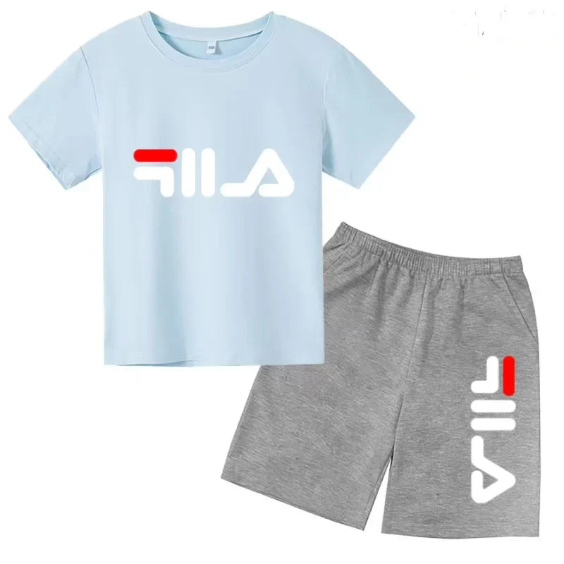Kids Gift Sports Short-Sleeved Round Neck Black Letters Fashion White T-shirt+Shorts Summer Boy Girl Casual Outdoor Jogging Suit