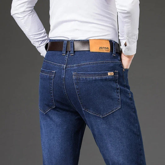 Large Size 40 42 44 46 2025 New Business Casual Stretch Trousers Classic Blue Denim Pants Male Men's Loose Straight Jeans