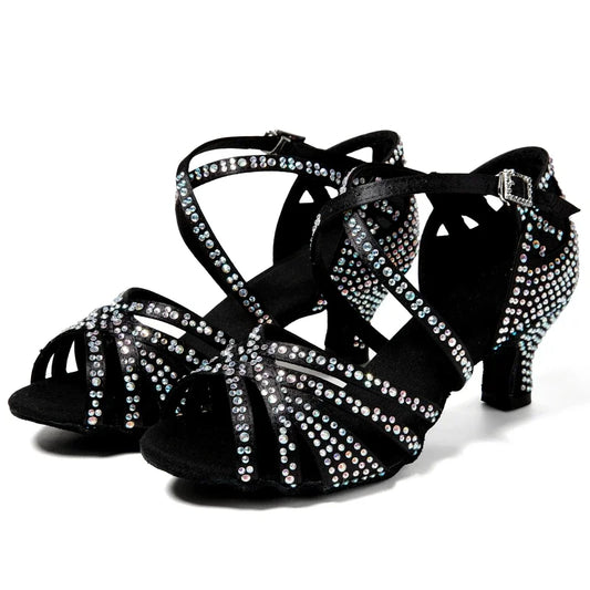Women Latin Dance Shoes Latin Salsa Girl Dancing Shoes Black Shiny Ballroom Dance Shoes For Girls Ladies