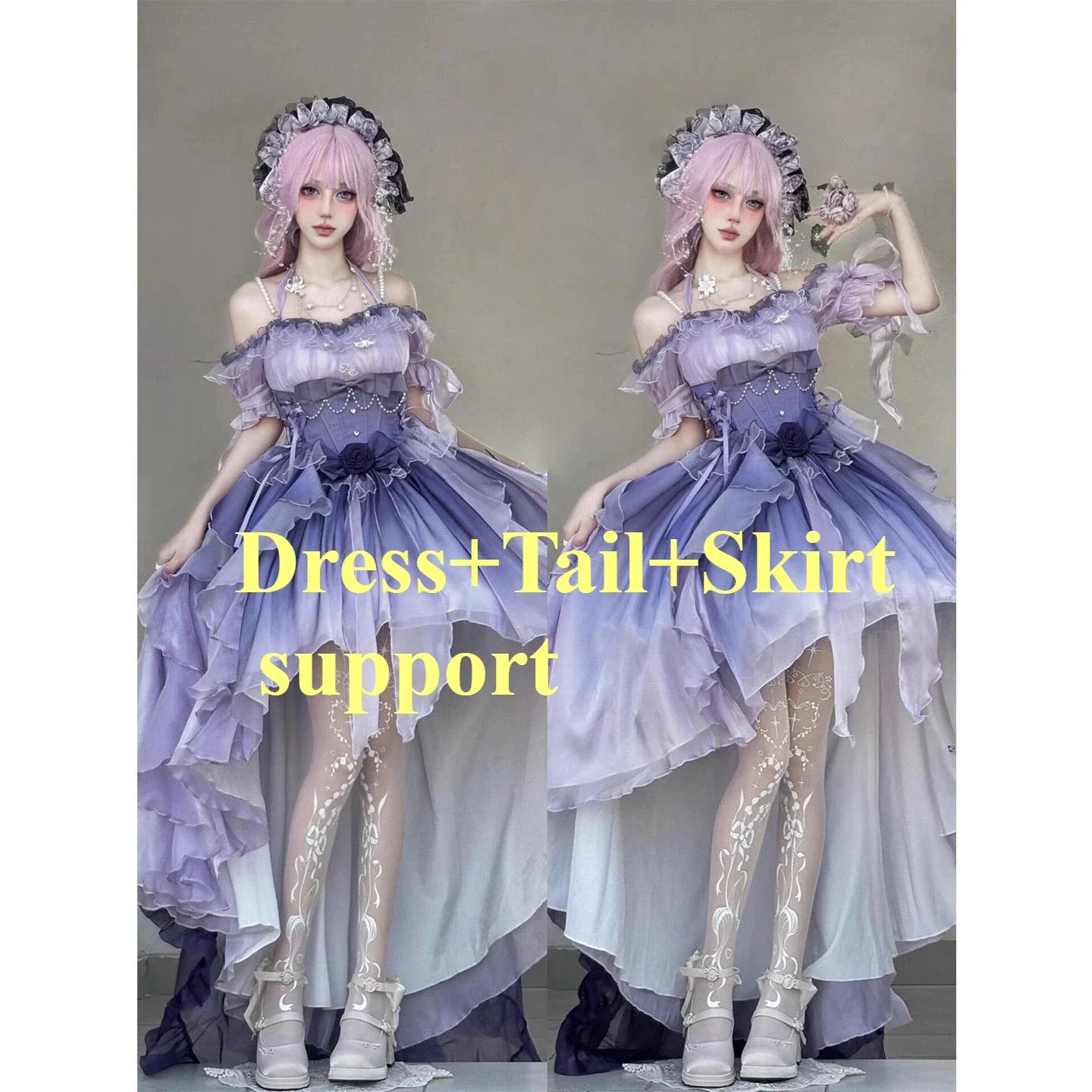 Original Lolita Trailing Puffy Dress Women Short Front Long Back Princess Blue Flower Wedding Dress Elegant Off Shoulder