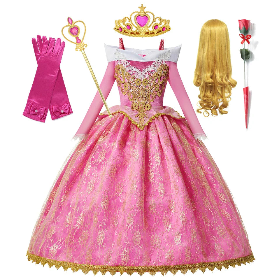 Girls Princess Dress Sleeping Beauty Aurora Cosplay Costume 2025 Kids Carnival Birthday Party Pink Long Sleeve Evening Dresses