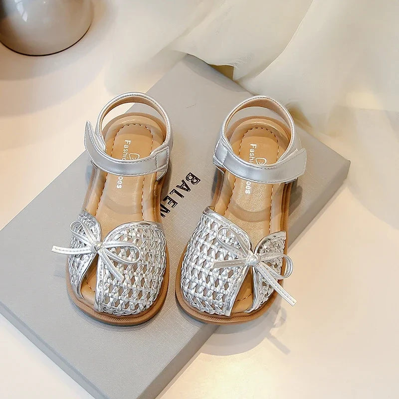 Girls Princess Shoes Weave Breathable Kids Beach Shoes with Simple Bows 2025 Summer New Children Sandals Soild Color Non-slip
