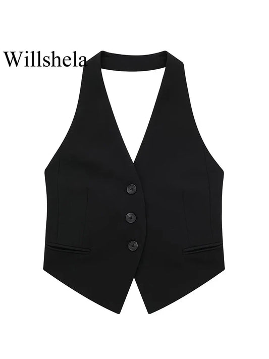 Women Fashion Black Backless Lace Up Waistcoats Vintage Halter Neck Sleeveless Jackets Female Chic Lady Tank Tops