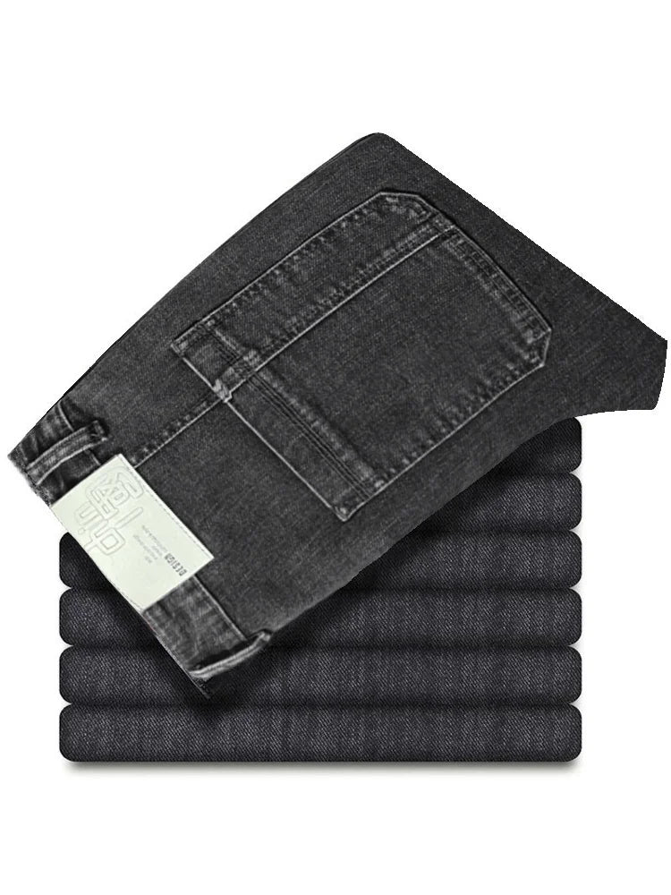 Men's retro workwear jeans, slim fit straight leg with multiple pockets, micro elastic versatile casual pants